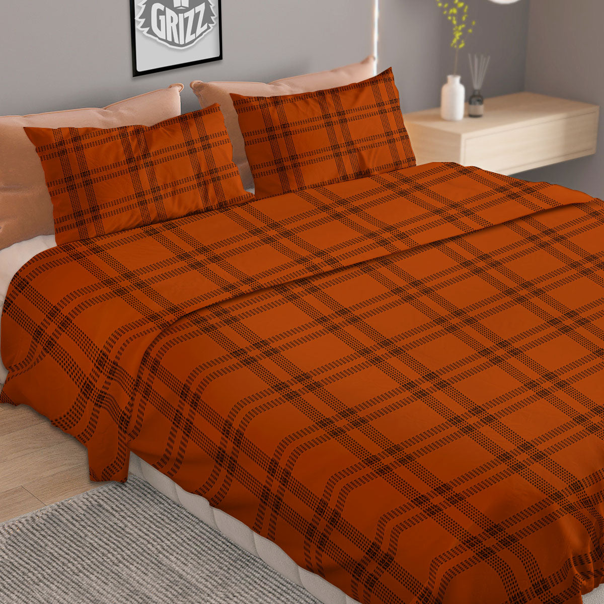 Tattersall Orange Print Pattern Duvet Cover Bedding Set