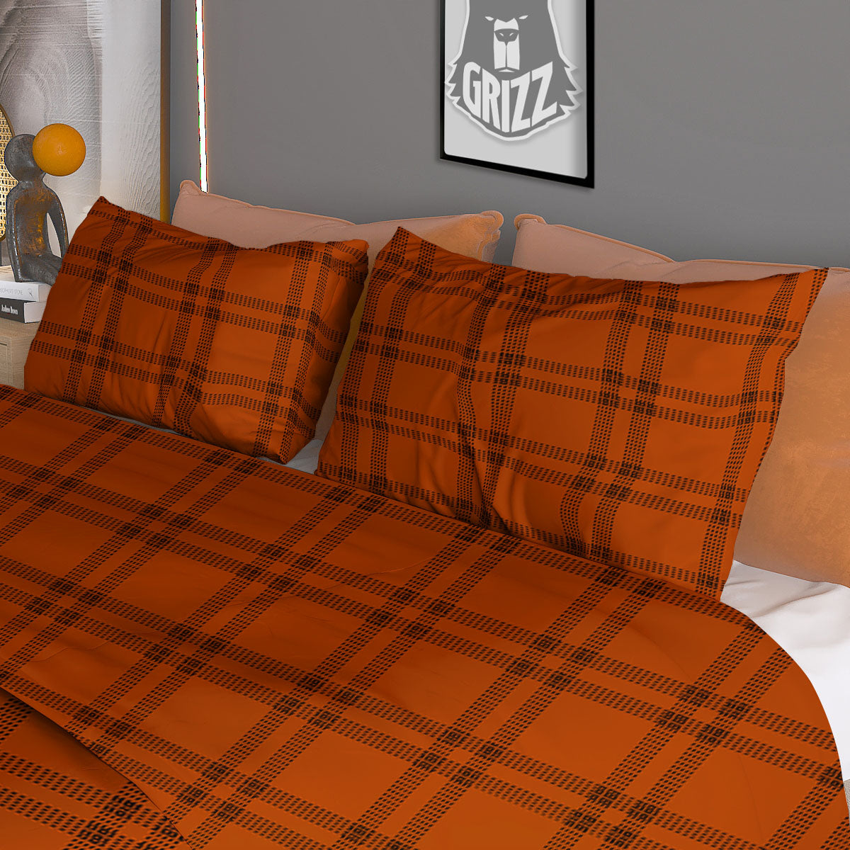Tattersall Orange Print Pattern Duvet Cover Bedding Set