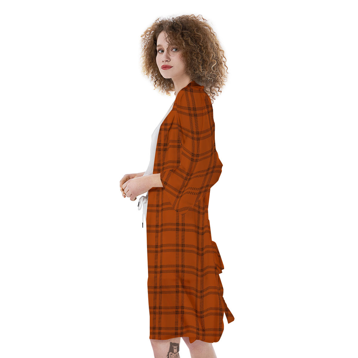 Tattersall Orange Print Pattern Kimono-grizzshop