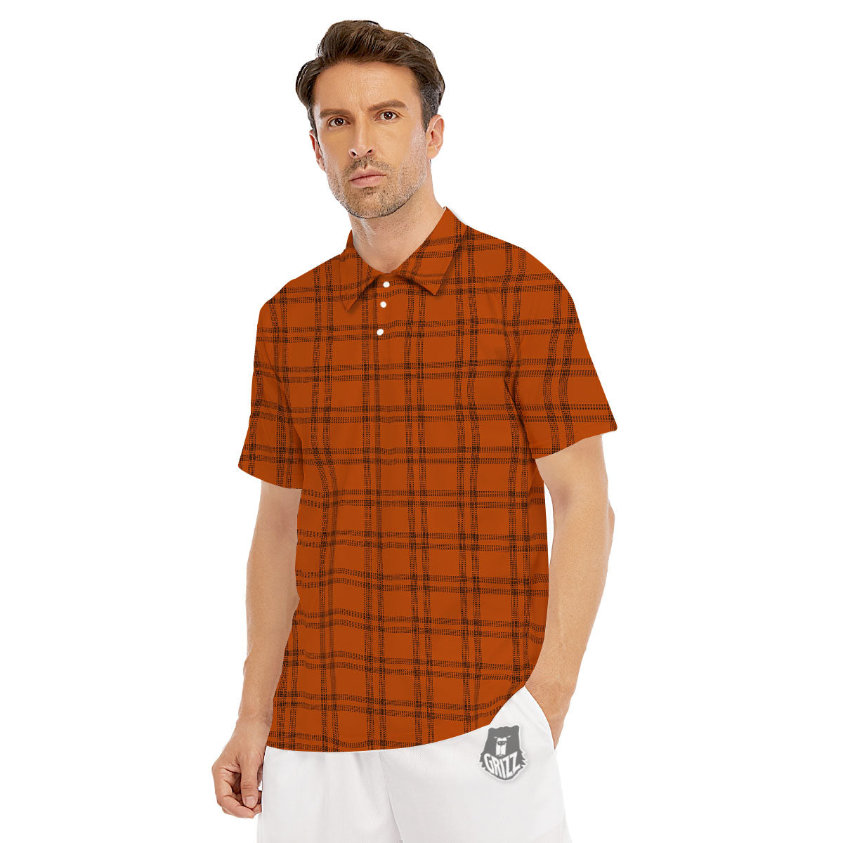 Tattersall Orange Print Pattern Men's Golf Shirts-grizzshop