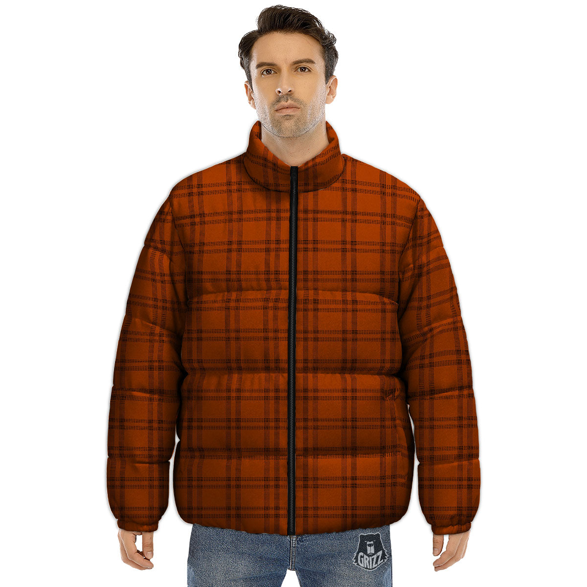 Tattersall Orange Print Pattern Puffer Jacket-grizzshop