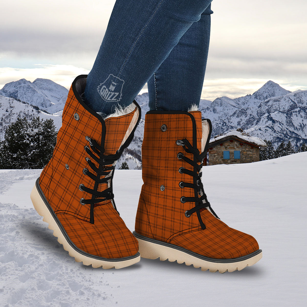 Tattersall Orange Print Pattern Snow Boots-grizzshop