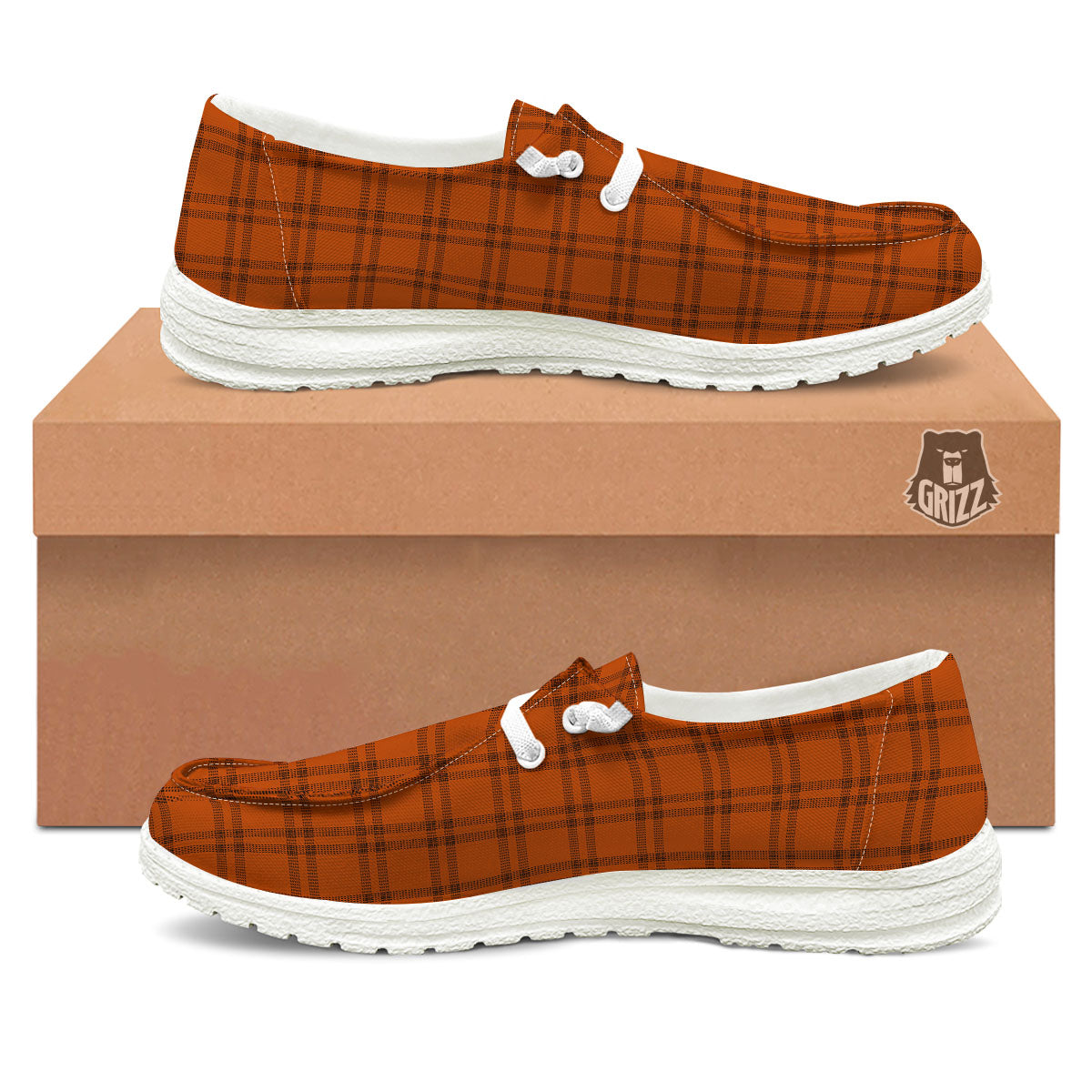 Tattersall Orange Print Pattern White Loafers-grizzshop