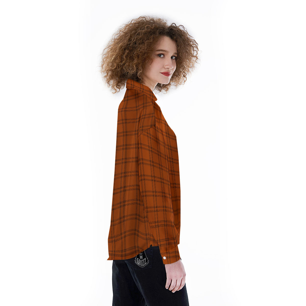 Tattersall Orange Print Pattern Women's Long Sleeve Shirts-grizzshop