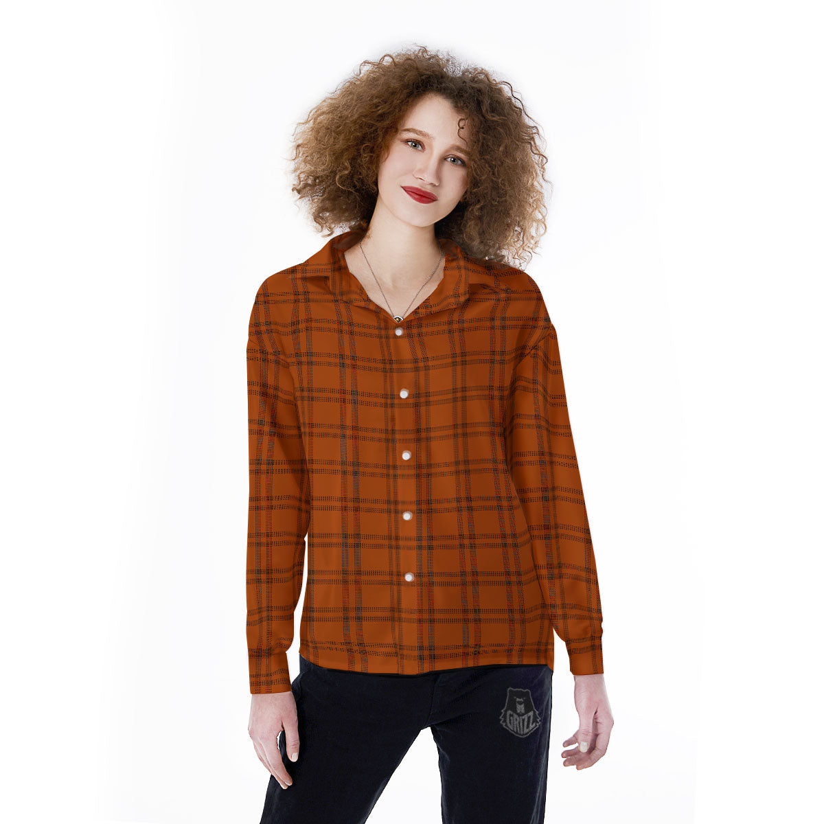 Tattersall Orange Print Pattern Women's Long Sleeve Shirts-grizzshop