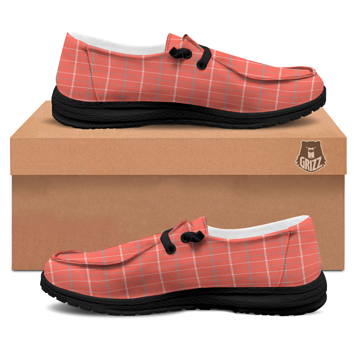Tattersall Pastel Orange Print Pattern Black Loafers-grizzshop