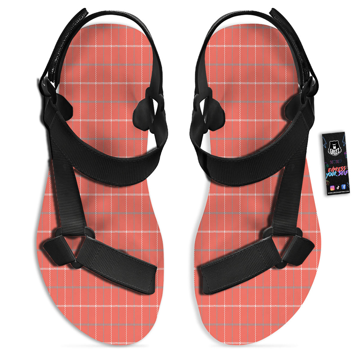 Tattersall Pastel Orange Print Pattern Black Open Toe Sandals-grizzshop