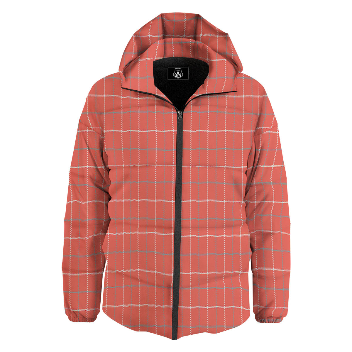 Tattersall Pastel Orange Print Pattern Down Jacket-grizzshop