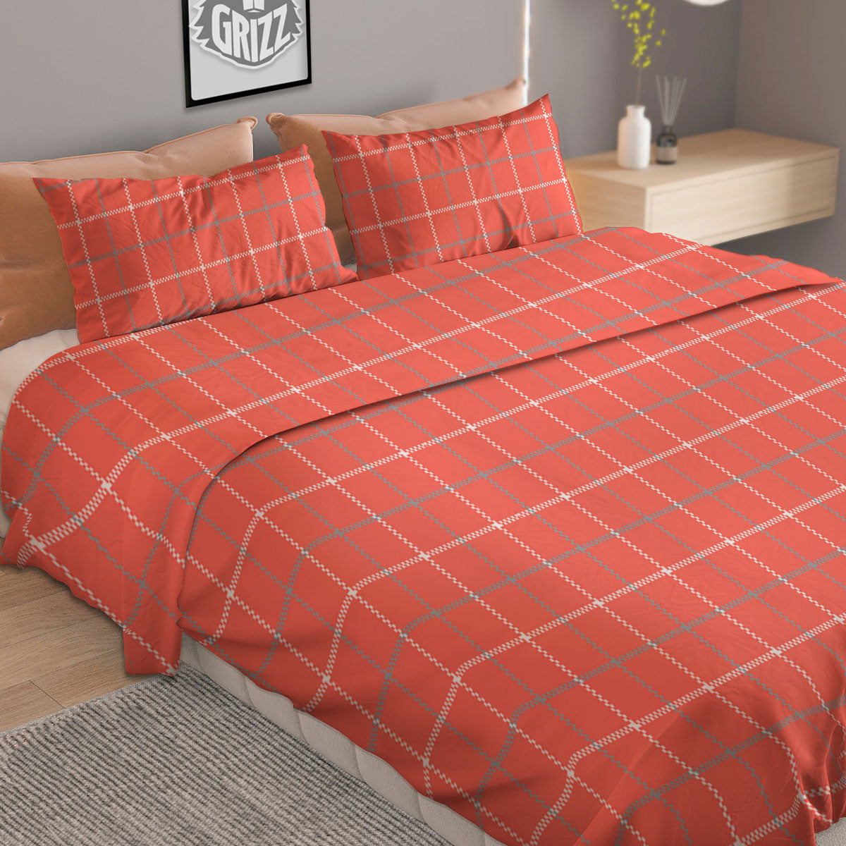 Tattersall Pastel Orange Print Pattern Duvet Cover Bedding Set