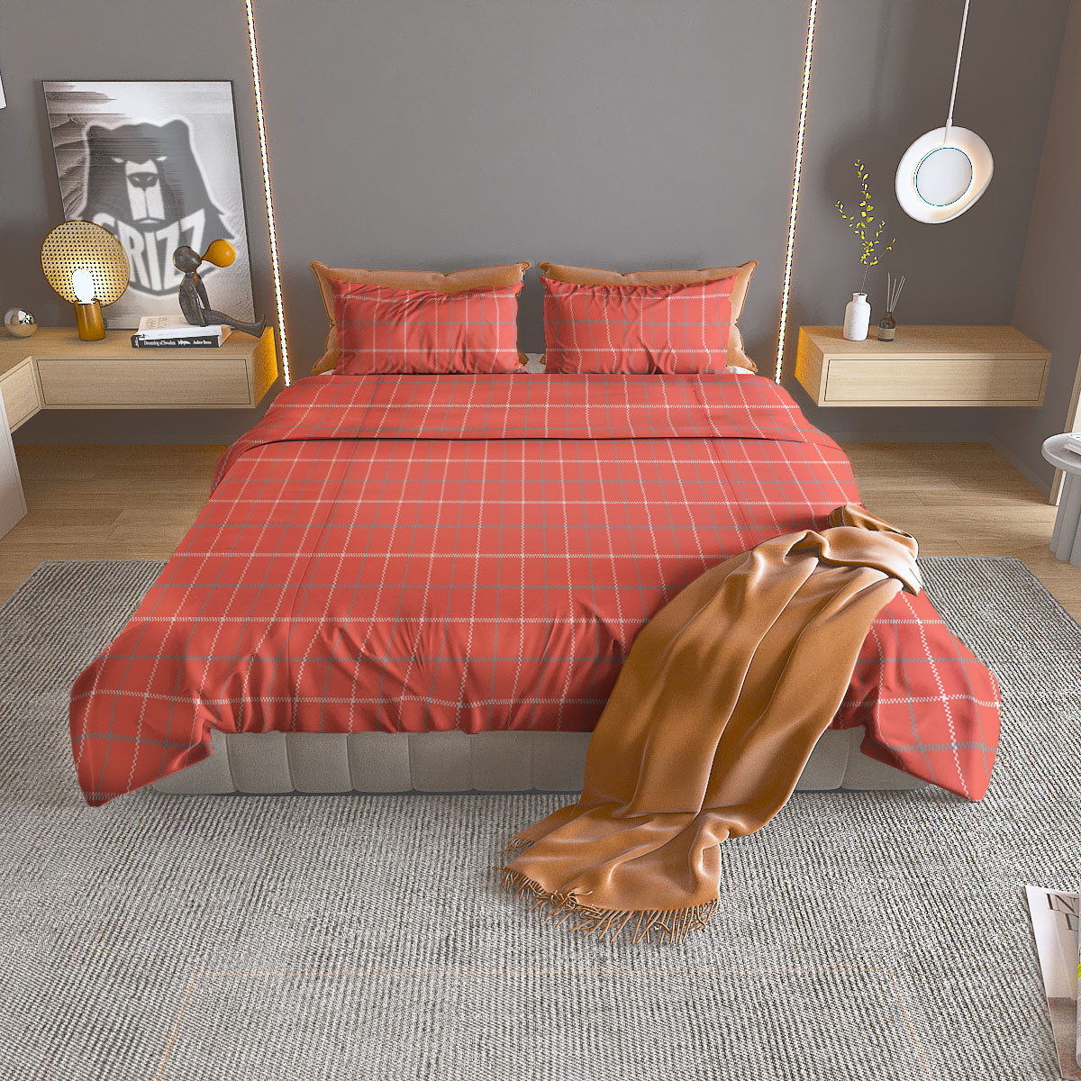 Tattersall Pastel Orange Print Pattern Duvet Cover Bedding Set