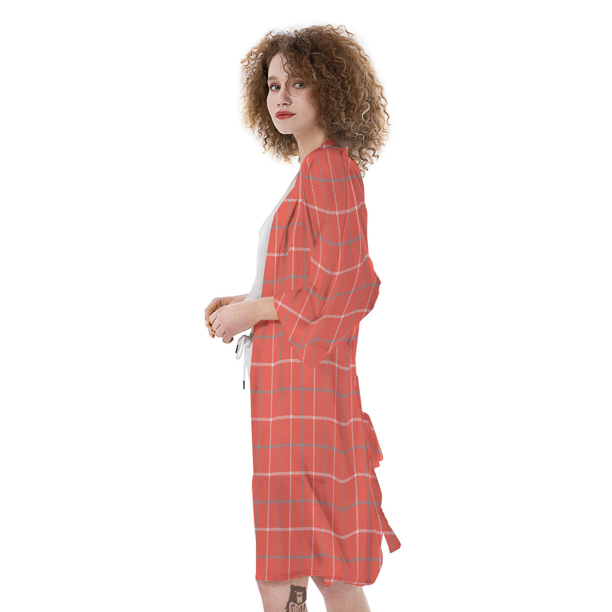 Tattersall Pastel Orange Print Pattern Kimono-grizzshop