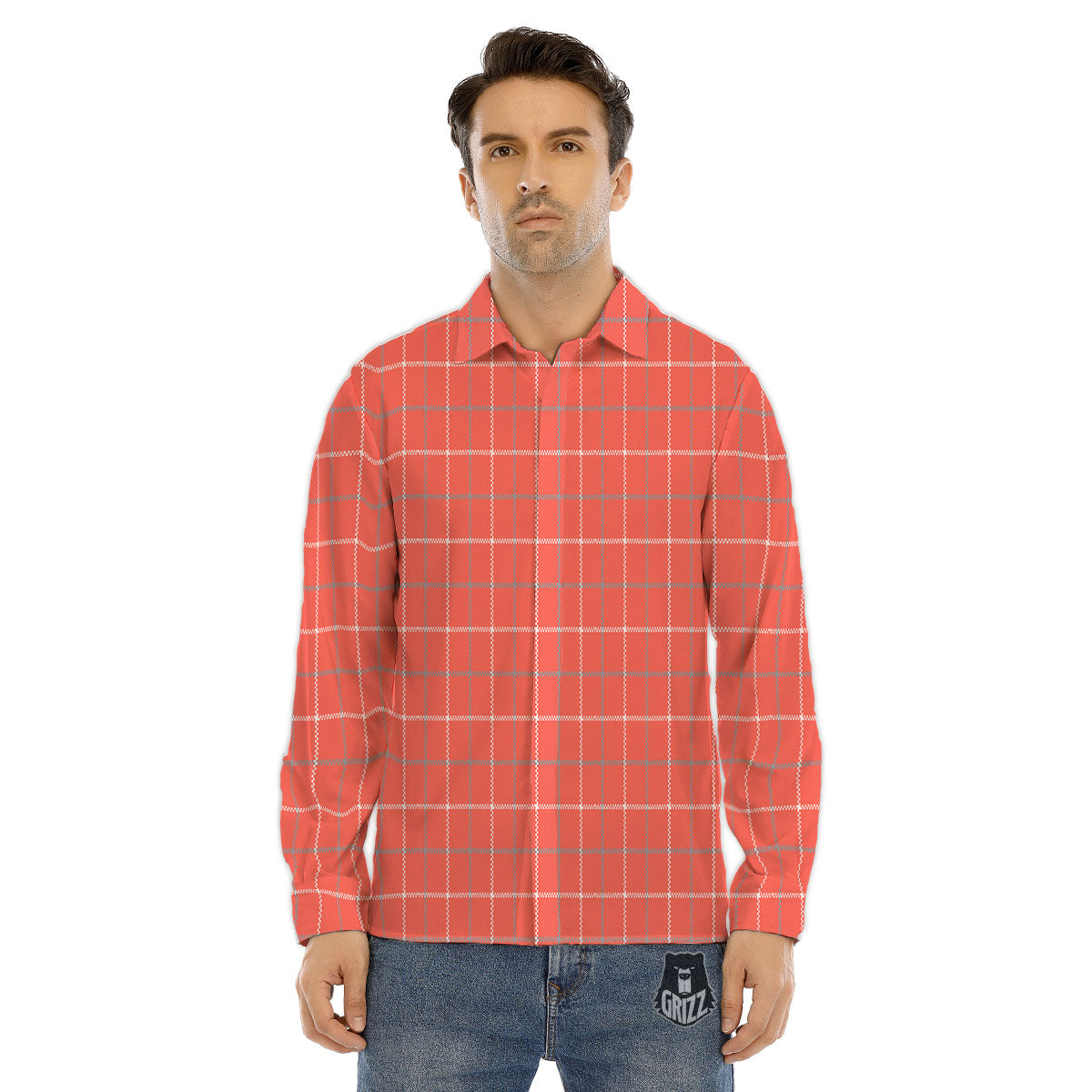 Tattersall Pastel Orange Print Pattern Men's Dress Shirts-grizzshop