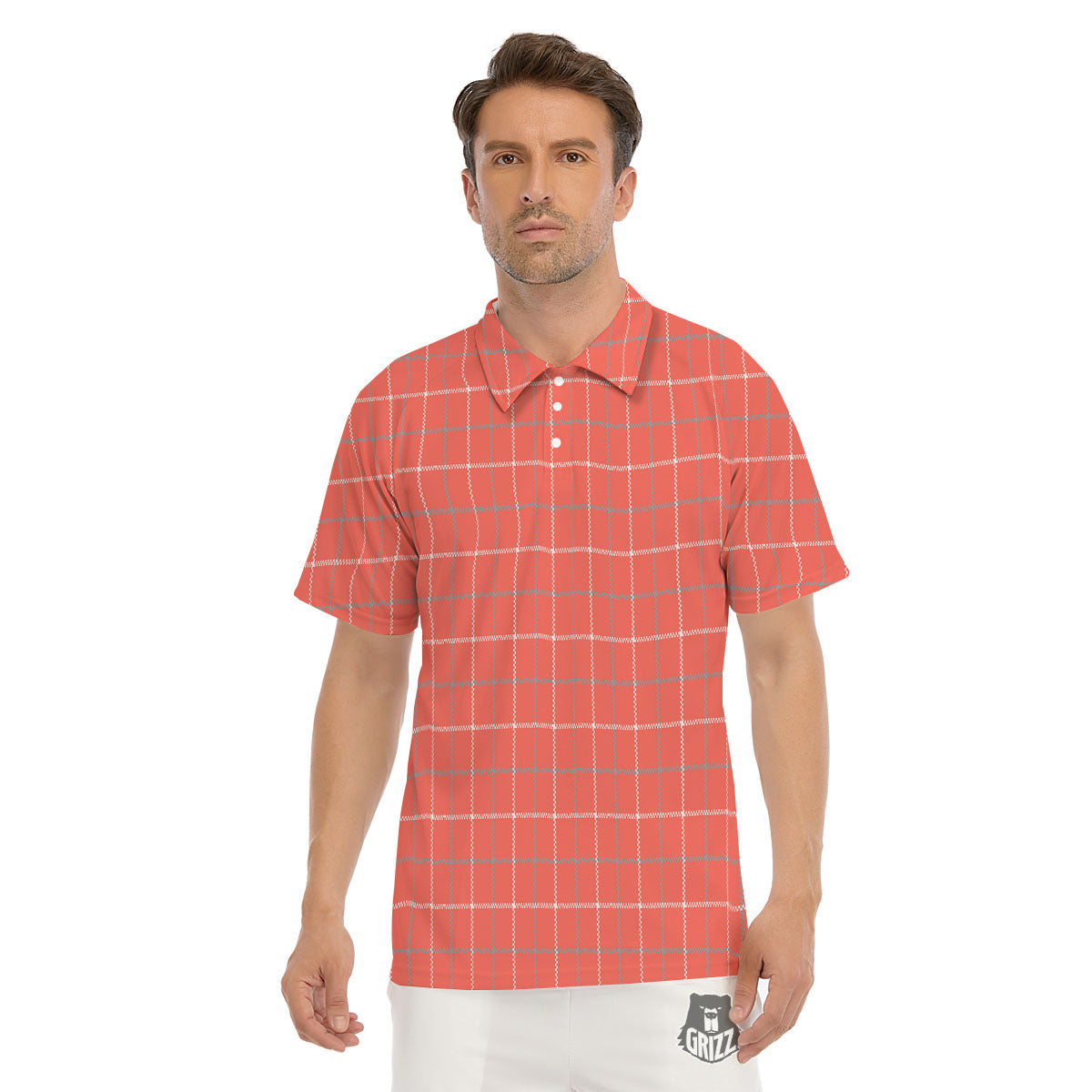 Tattersall Pastel Orange Print Pattern Men's Golf Shirts-grizzshop