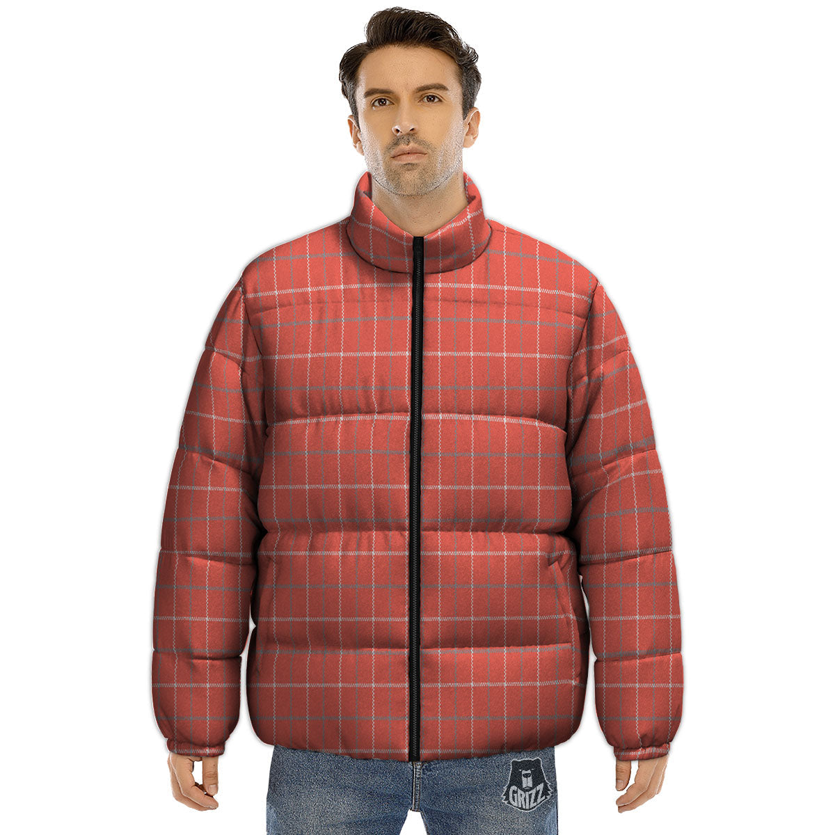 Tattersall Pastel Orange Print Pattern Puffer Jacket-grizzshop