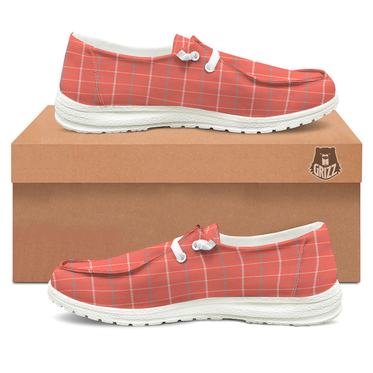 Tattersall Pastel Orange Print Pattern White Loafers-grizzshop