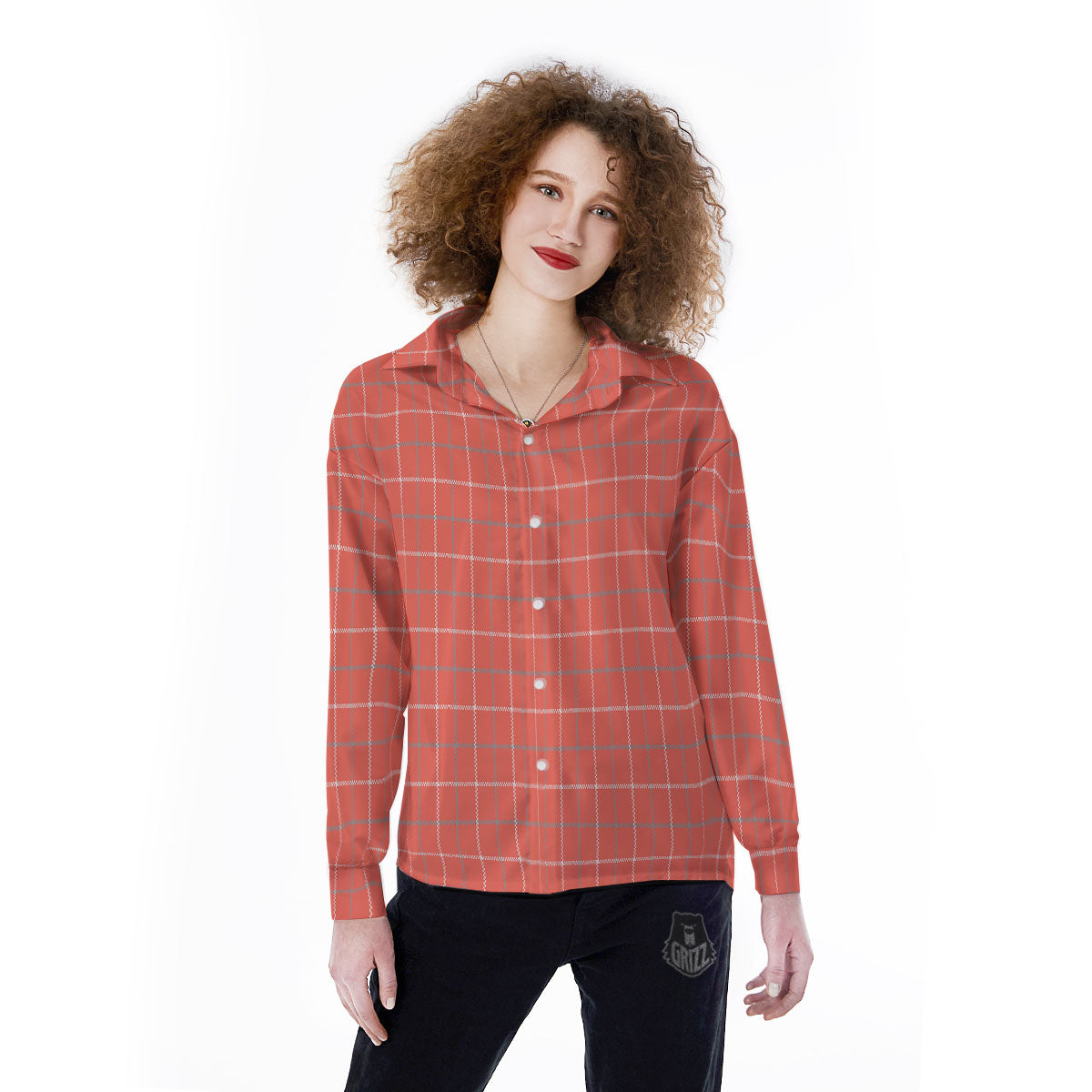 Tattersall Pastel Orange Print Pattern Women's Long Sleeve Shirts-grizzshop