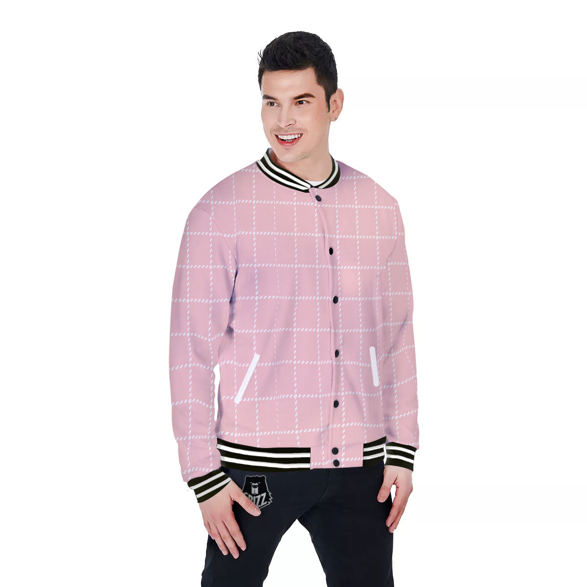 Tattersall Pastel Pink Print Pattern Baseball Jacket-grizzshop