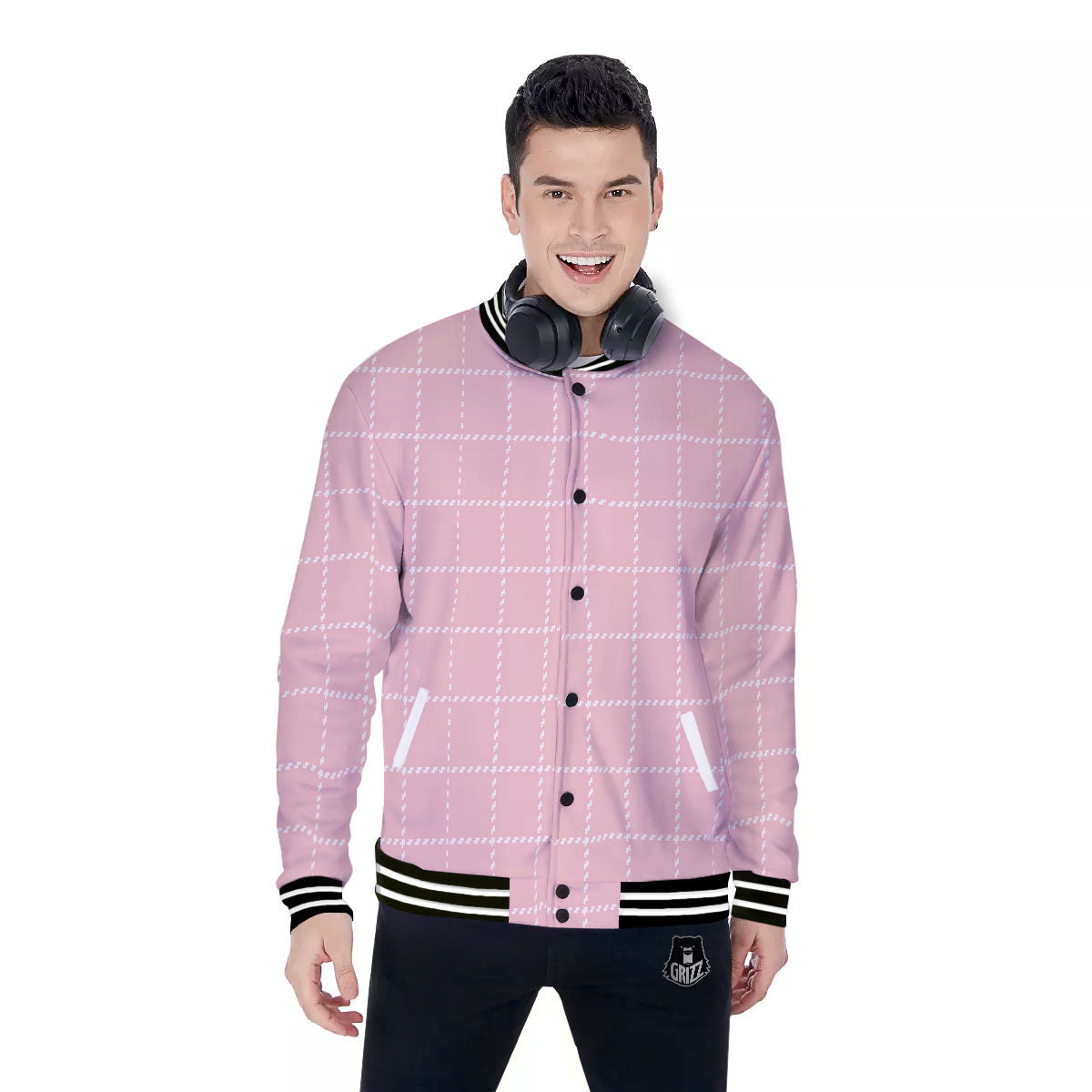 Tattersall Pastel Pink Print Pattern Baseball Jacket-grizzshop