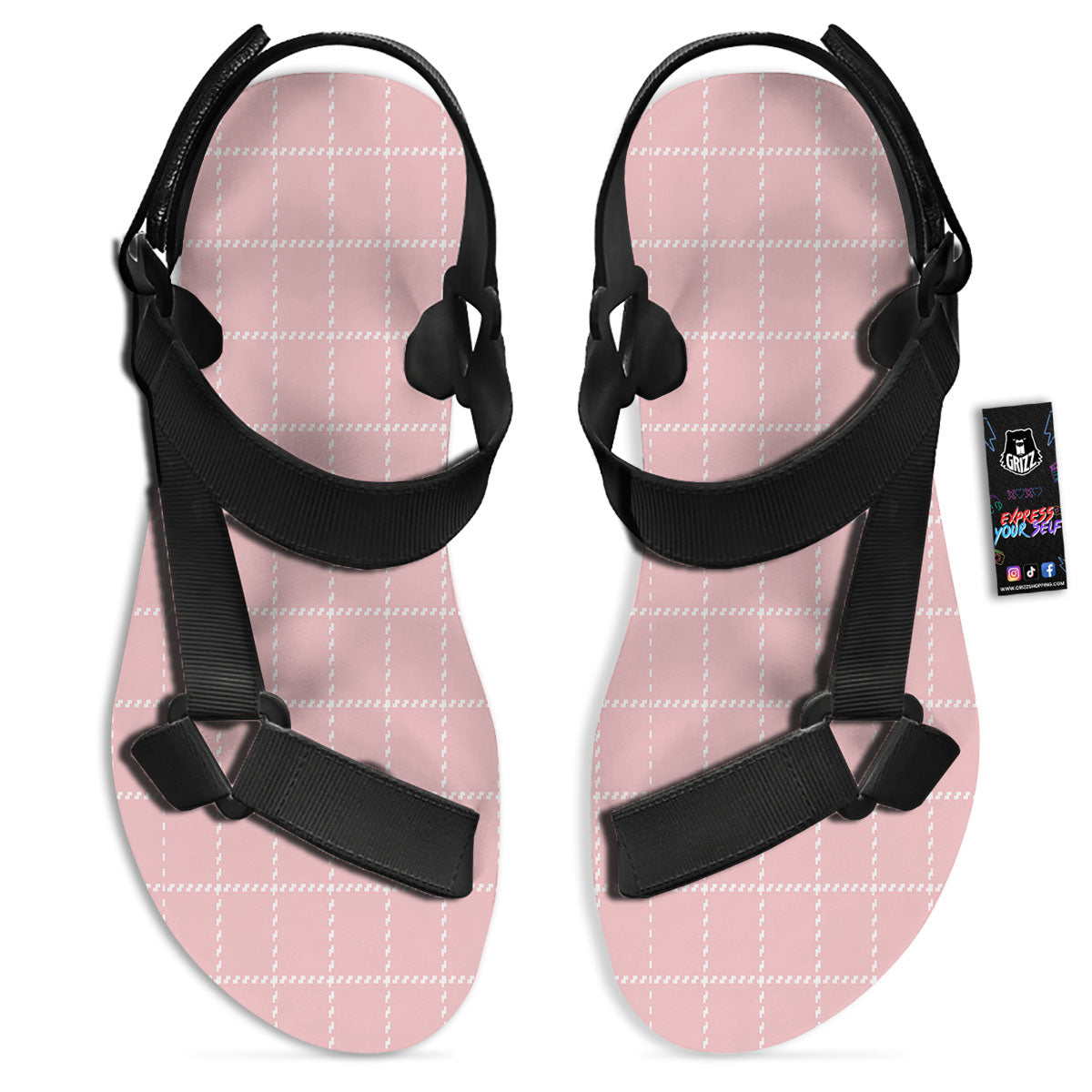 Tattersall Pastel Pink Print Pattern Black Open Toe Sandals-grizzshop