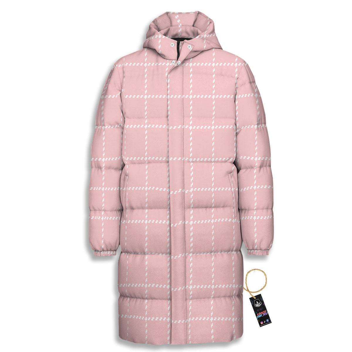 Tattersall Pastel Pink Print Pattern Long Down Jacket-grizzshop