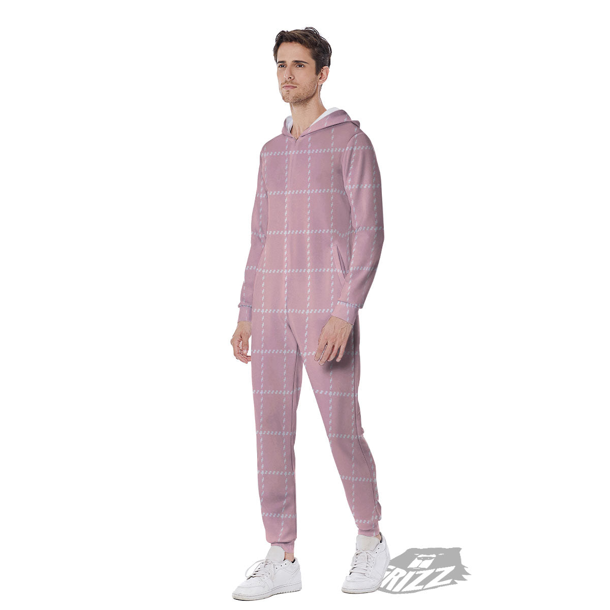 Tattersall Pastel Pink Print Pattern Men's Jumpsuit-grizzshop