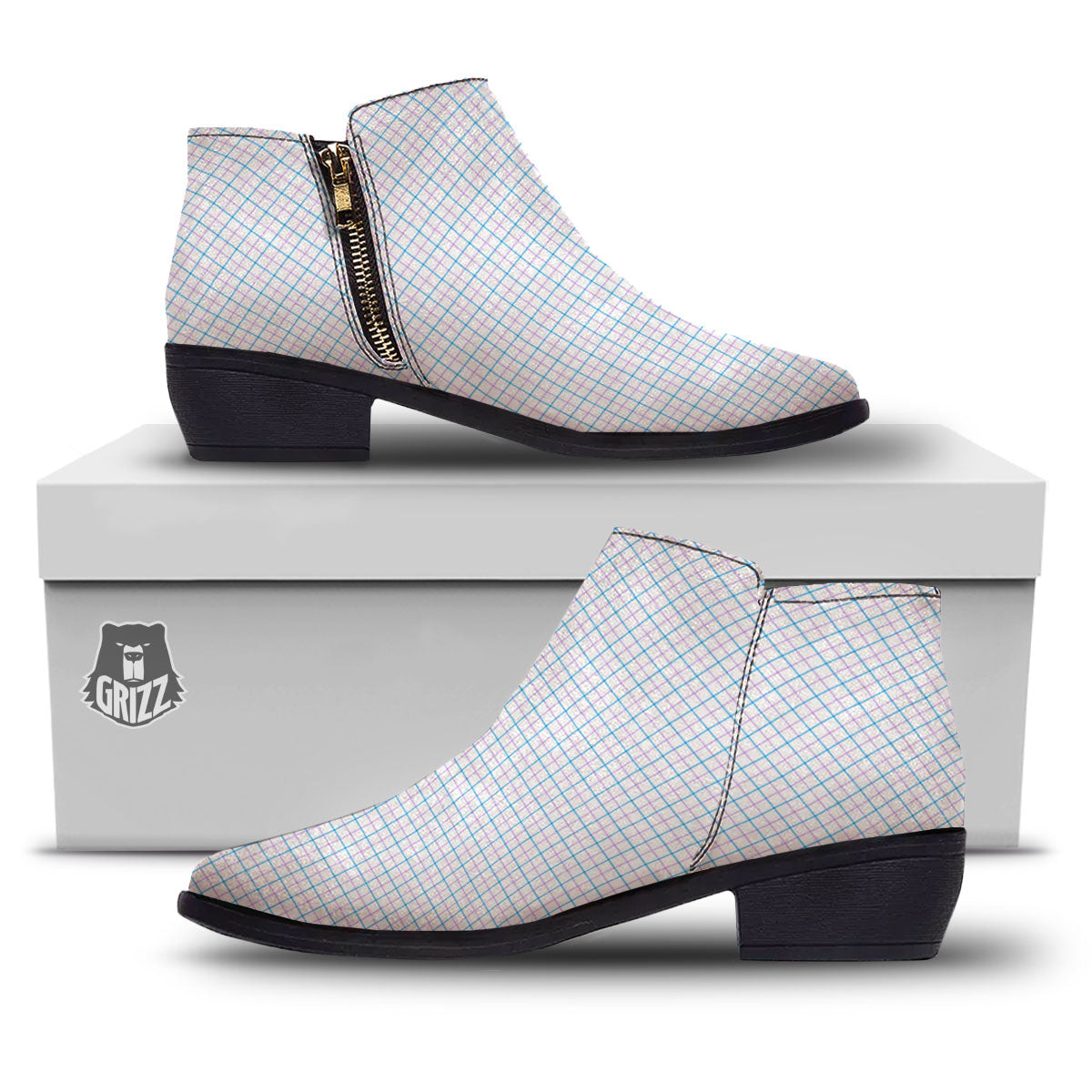 Tattersall Purple And Blue Line Print Pattern Ankle Boots-grizzshop