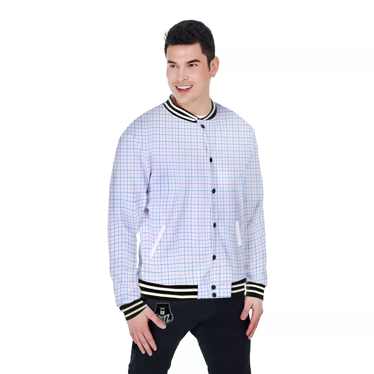 Tattersall Purple And Blue Line Print Pattern Baseball Jacket-grizzshop