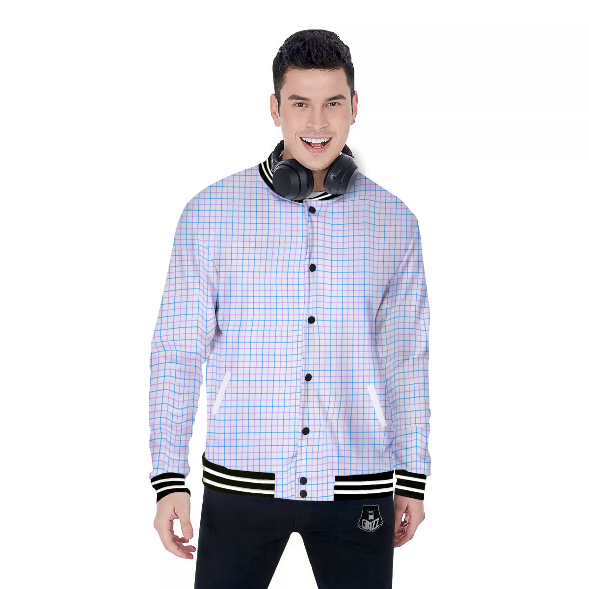 Tattersall Purple And Blue Line Print Pattern Baseball Jacket-grizzshop