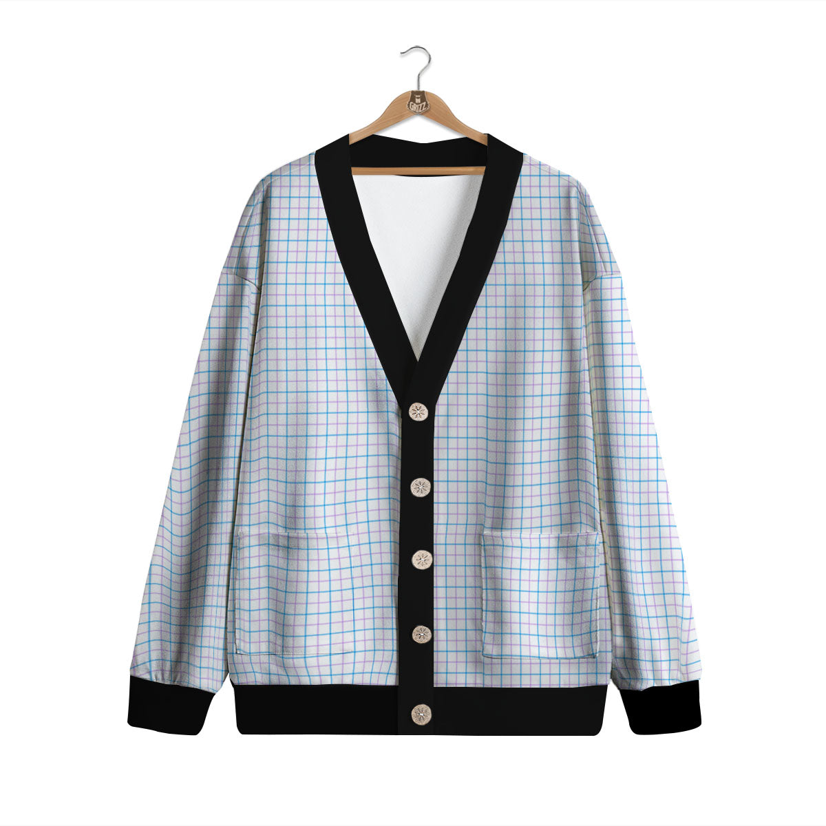 Tattersall Purple And Blue Line Print Pattern Cardigan-grizzshop