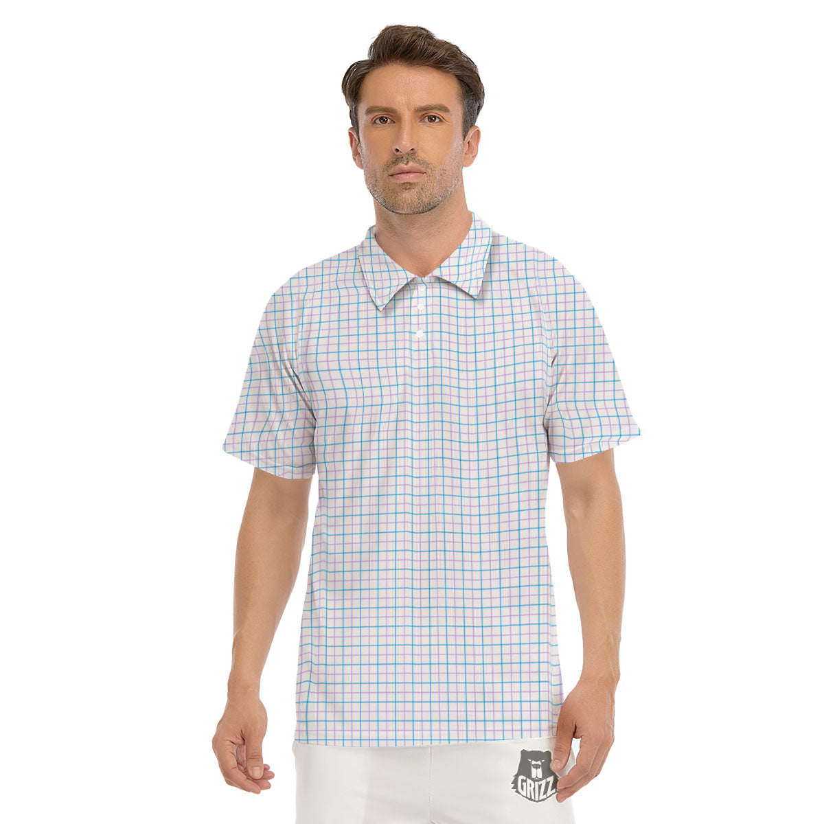 Tattersall Purple And Blue Line Print Pattern Men's Golf Shirts-grizzshop
