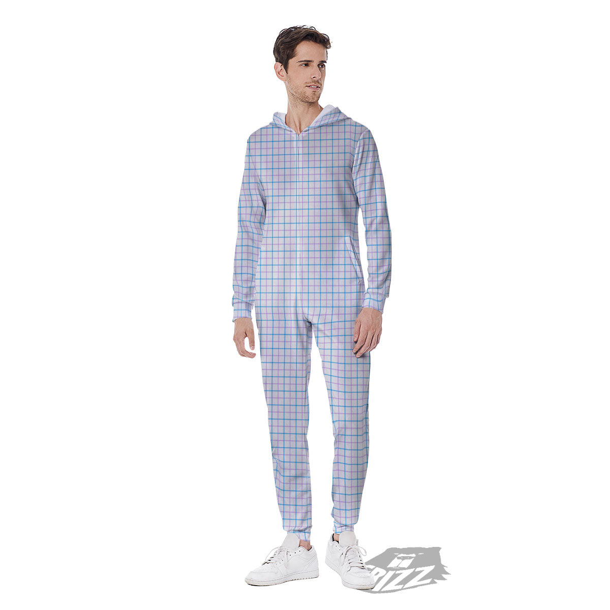 Tattersall Purple And Blue Line Print Pattern Men's Jumpsuit-grizzshop