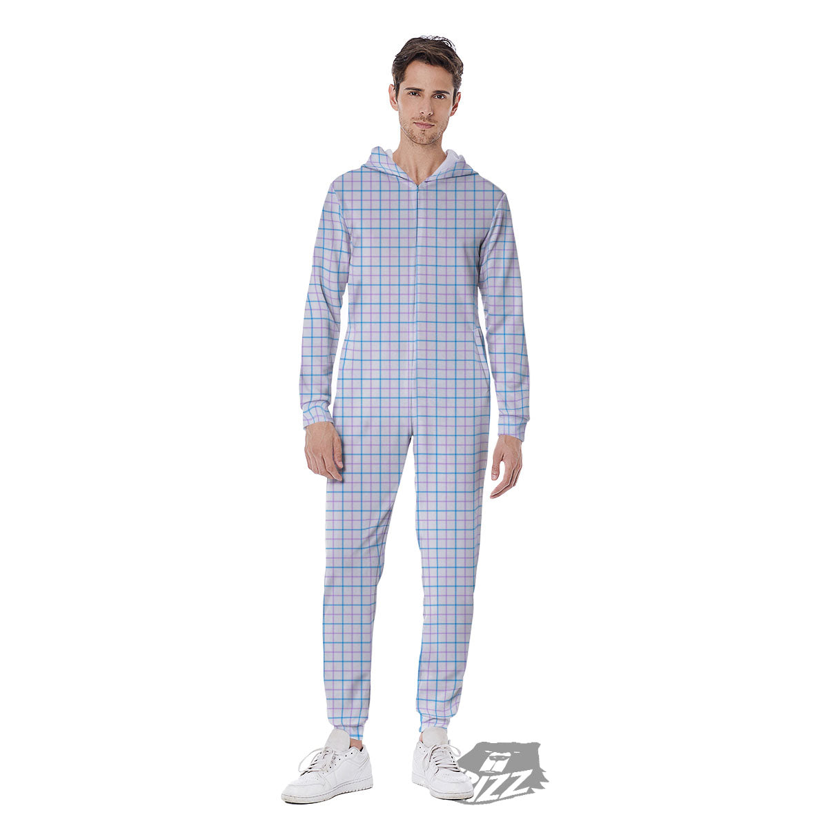 Tattersall Purple And Blue Line Print Pattern Men's Jumpsuit-grizzshop