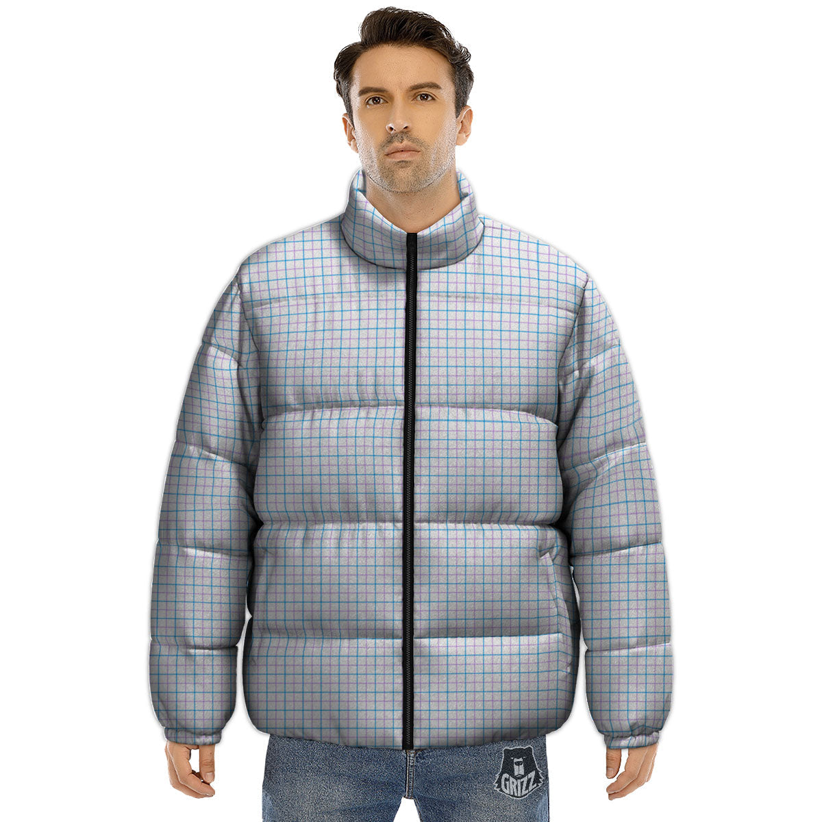 Tattersall Purple And Blue Line Print Pattern Puffer Jacket-grizzshop