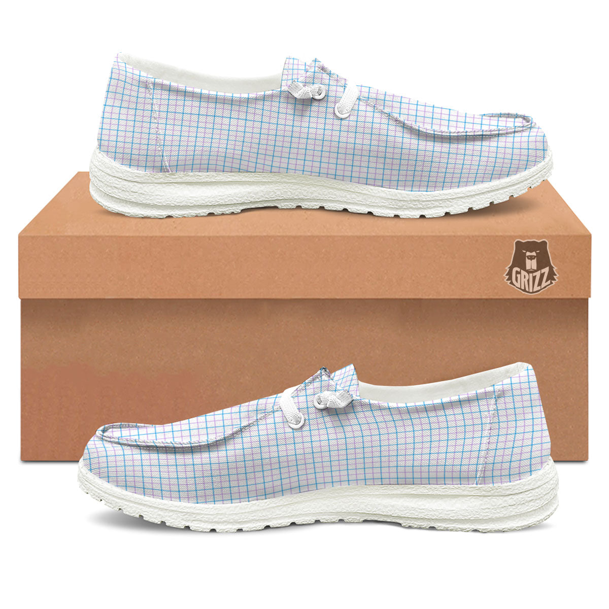 Tattersall Purple And Blue Line Print Pattern White Loafers-grizzshop