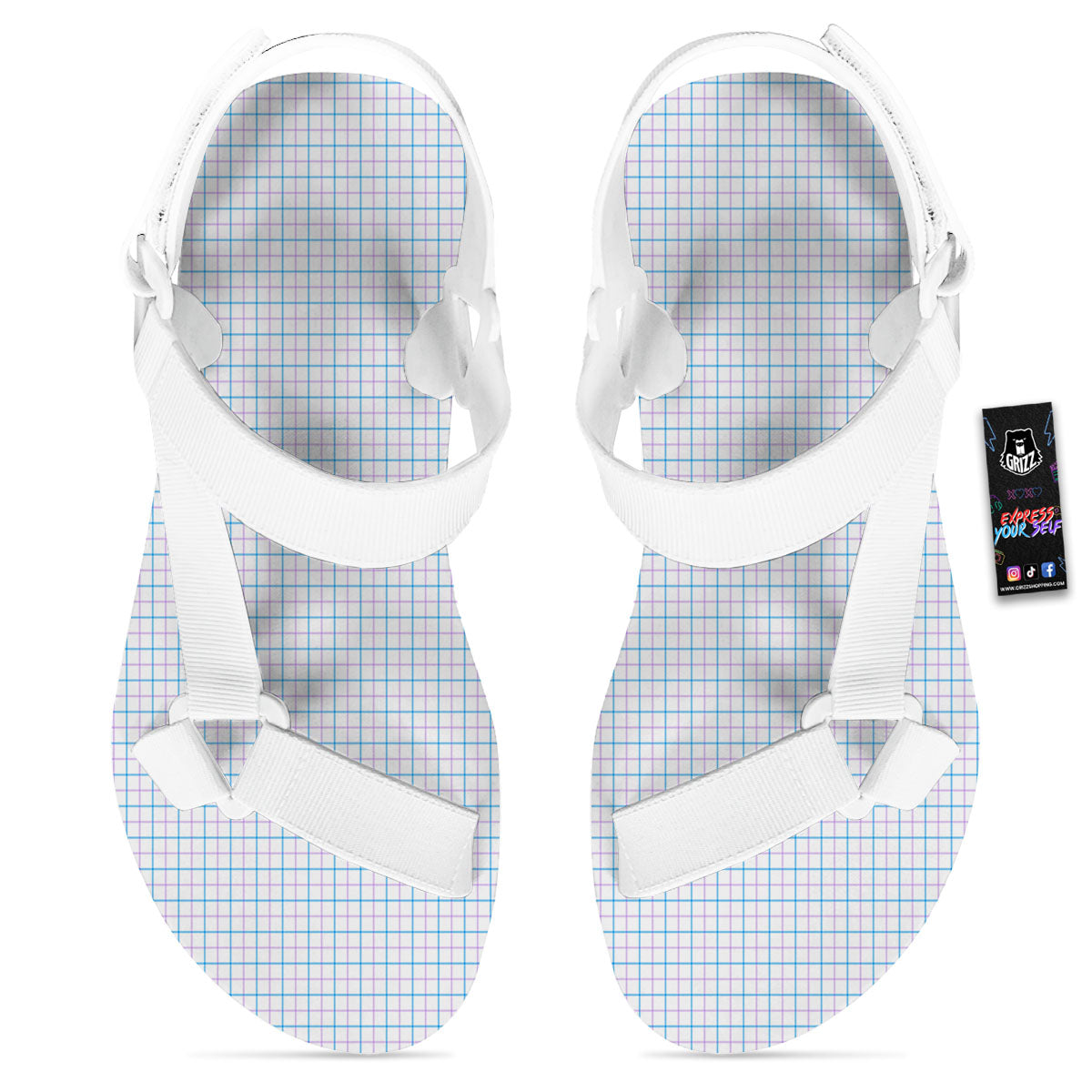 Tattersall Purple And Blue Line Print Pattern White Open Toe Sandals-grizzshop