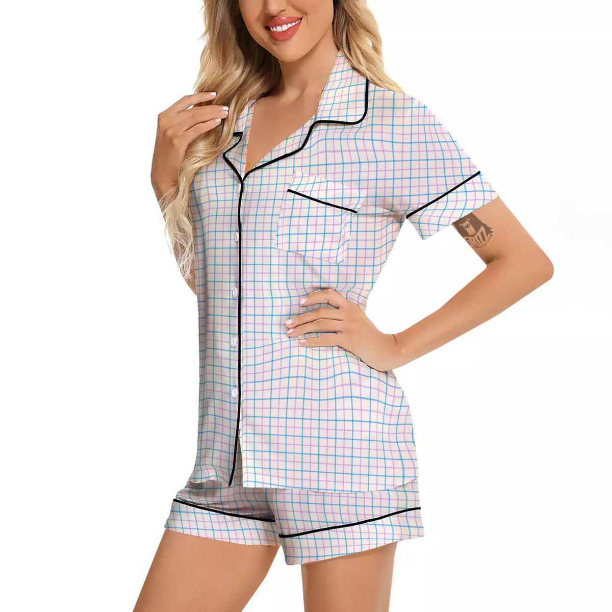 Tattersall Purple And Blue Line Print Pattern Women Silk Pajamas-grizzshop