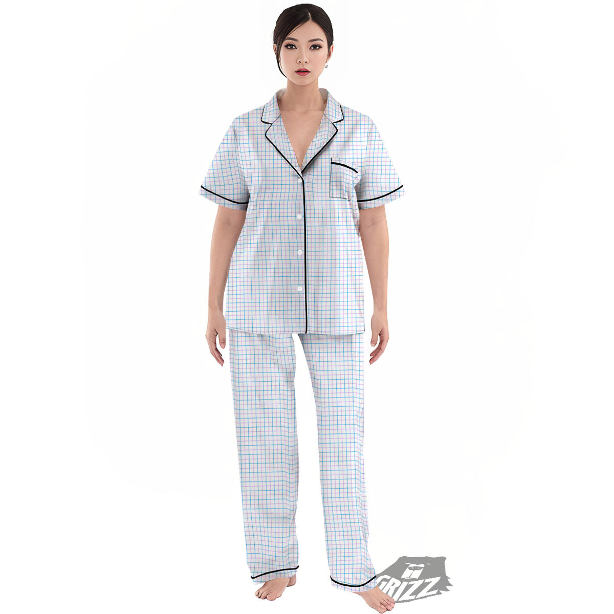 Tattersall Purple And Blue Line Print Pattern Women's Pajamas Set-grizzshop