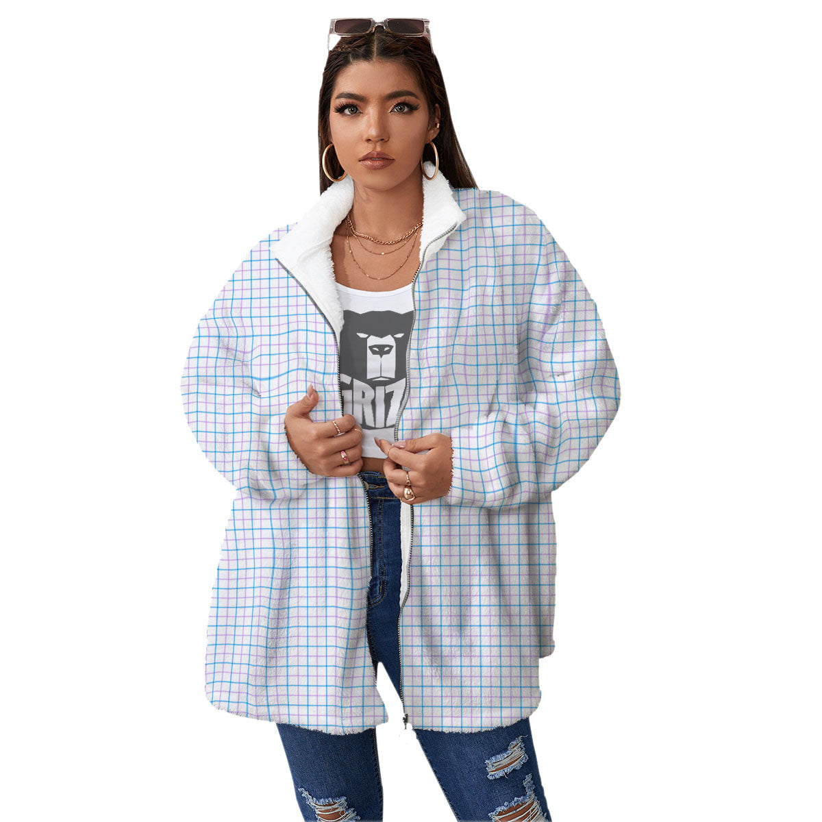 Tattersall Purple And Blue Line Print Pattern Women's Sherpa Jacket-grizzshop