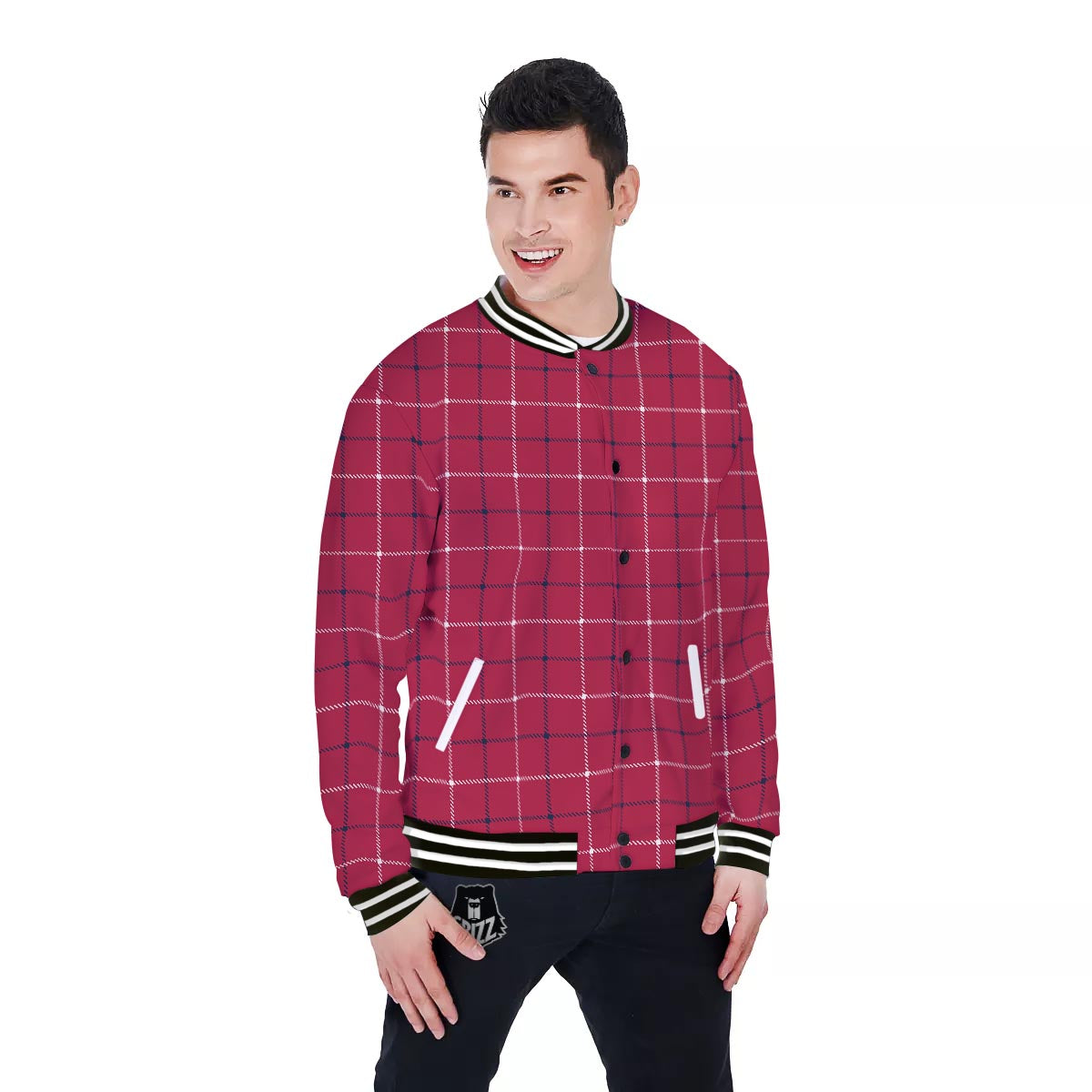 Tattersall Red Print Pattern Baseball Jacket-grizzshop