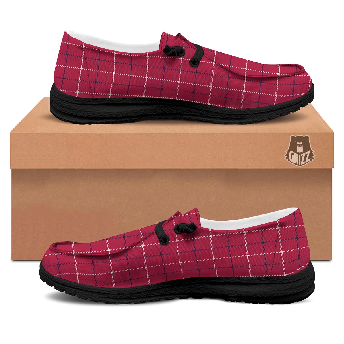 Tattersall Red Print Pattern Black Loafers-grizzshop