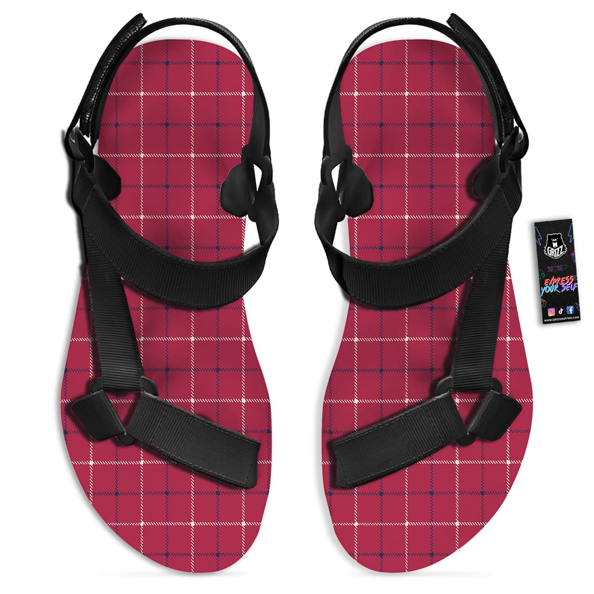 Tattersall Red Print Pattern Black Open Toe Sandals-grizzshop