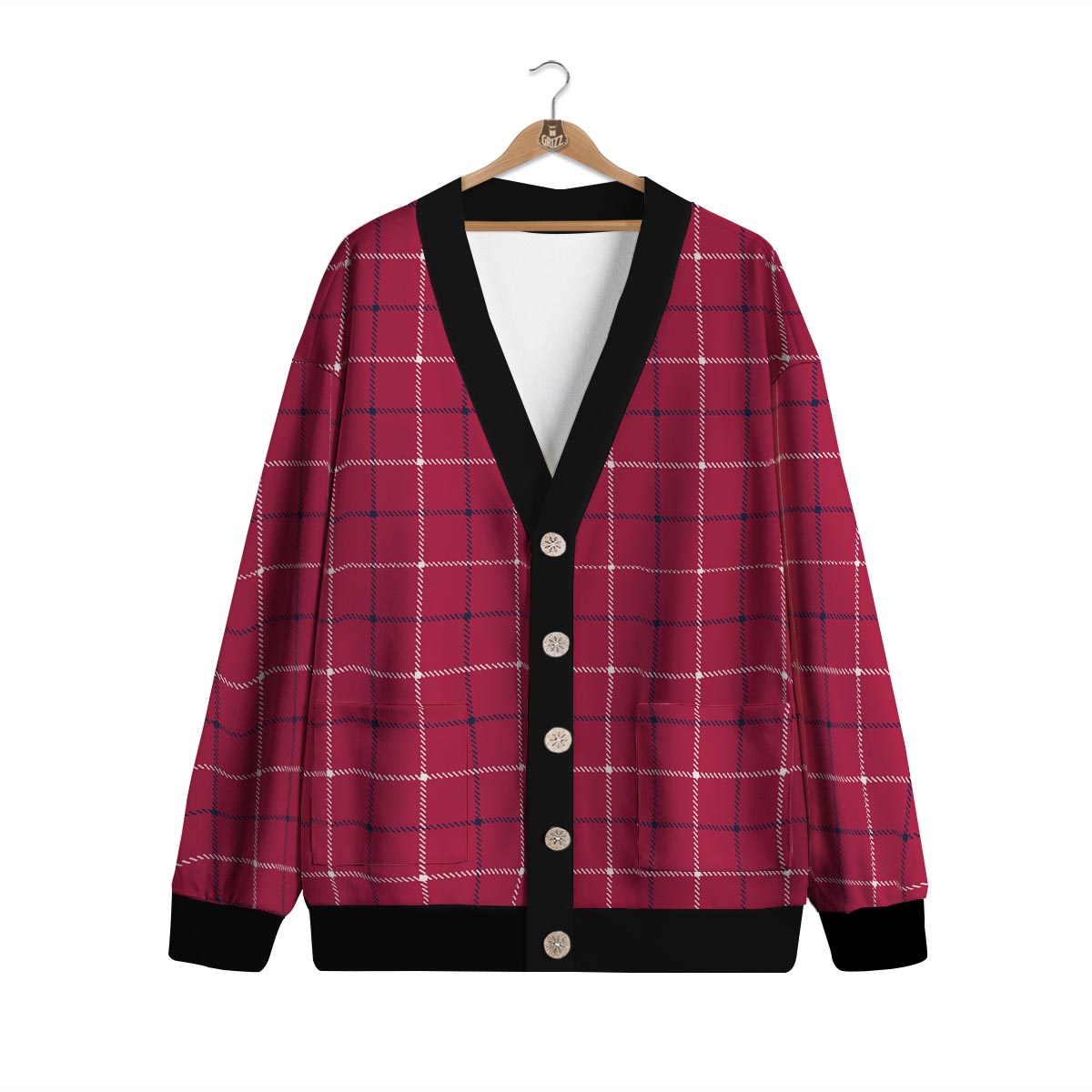 Tattersall Red Print Pattern Cardigan-grizzshop