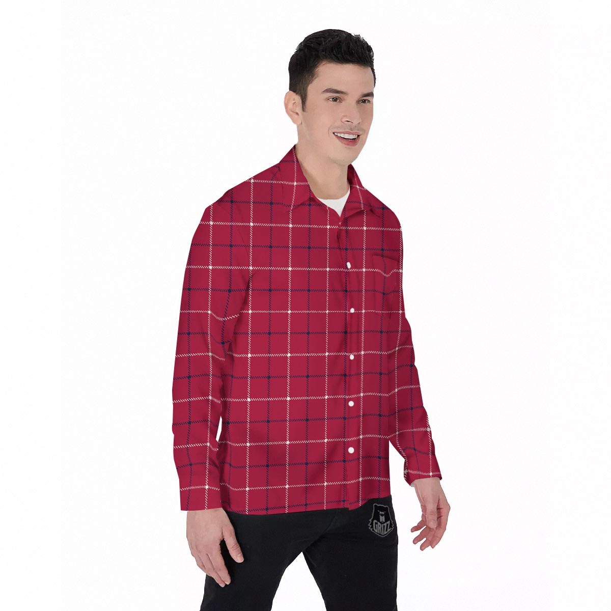 Tattersall Red Print Pattern Men's Long Sleeve Shirts-grizzshop