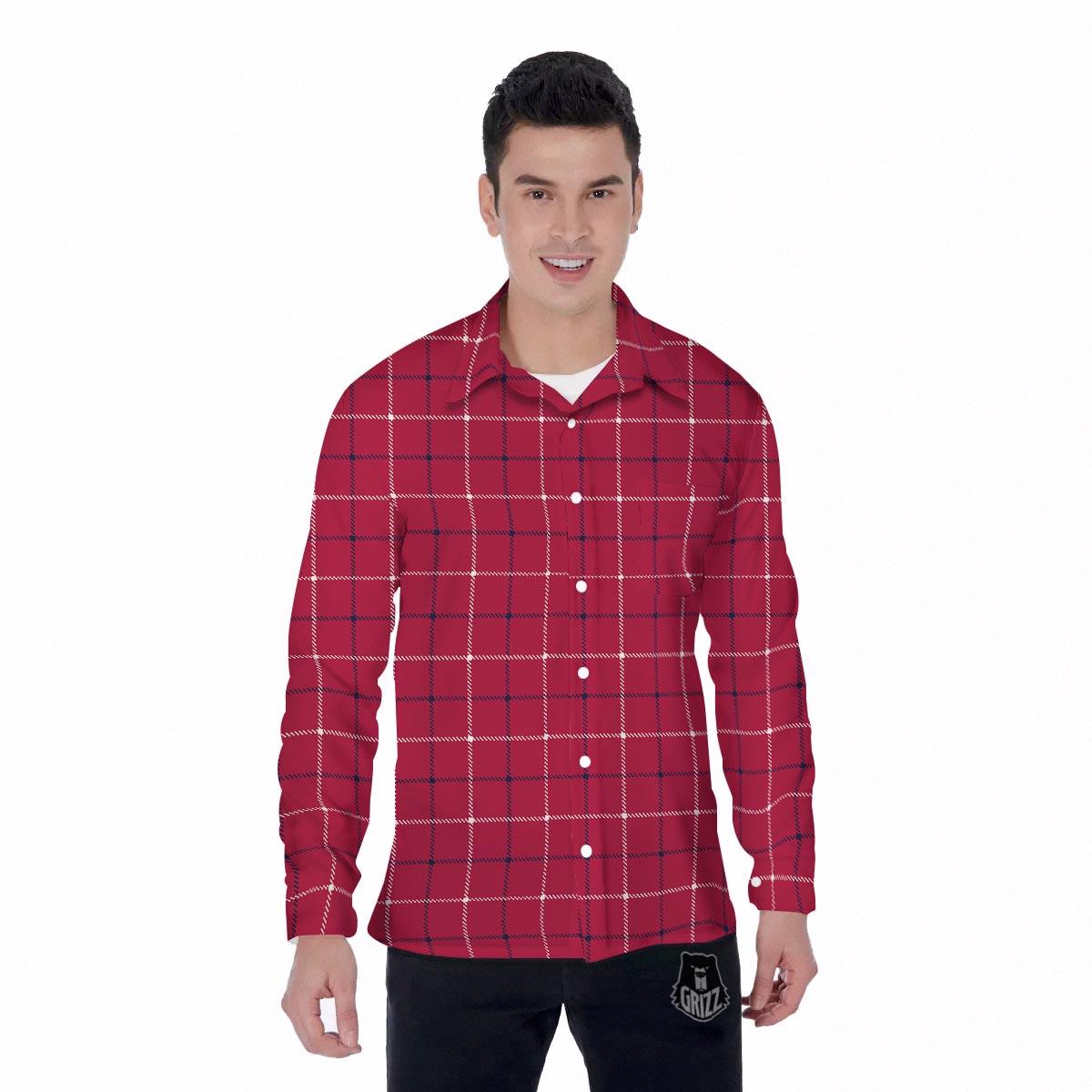 Tattersall Red Print Pattern Men's Long Sleeve Shirts-grizzshop
