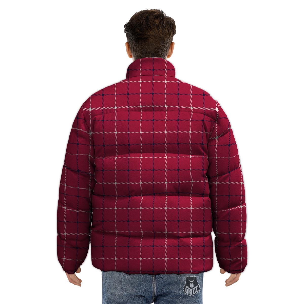 Tattersall Red Print Pattern Puffer Jacket-grizzshop