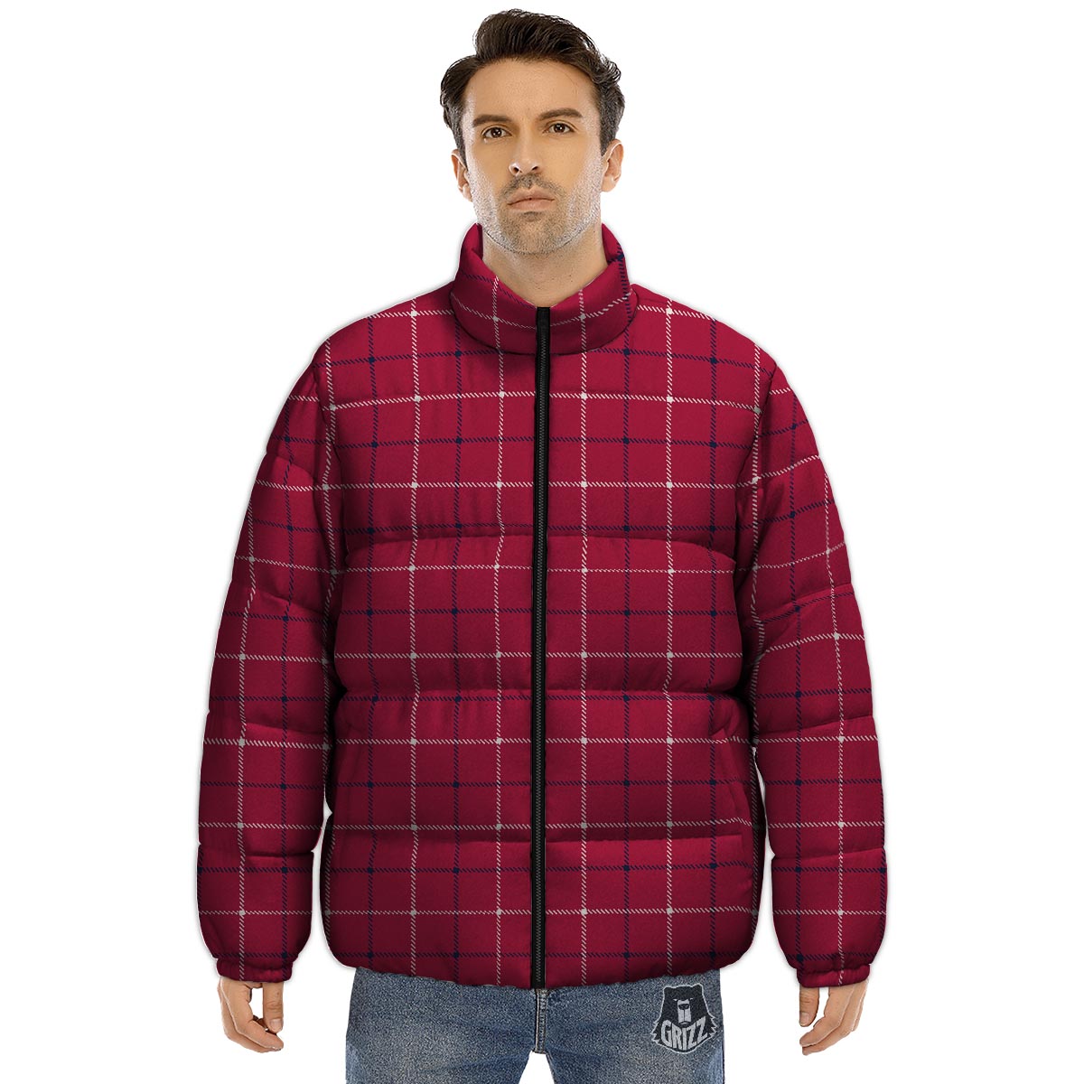 Tattersall Red Print Pattern Puffer Jacket-grizzshop