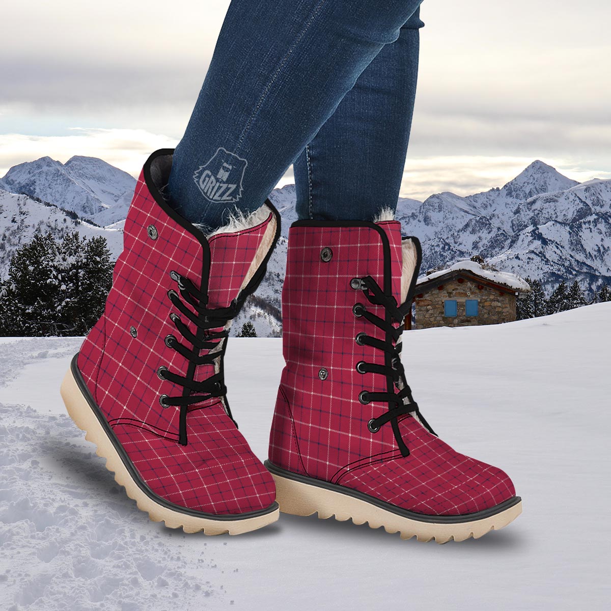 Tattersall Red Print Pattern Snow Boots-grizzshop