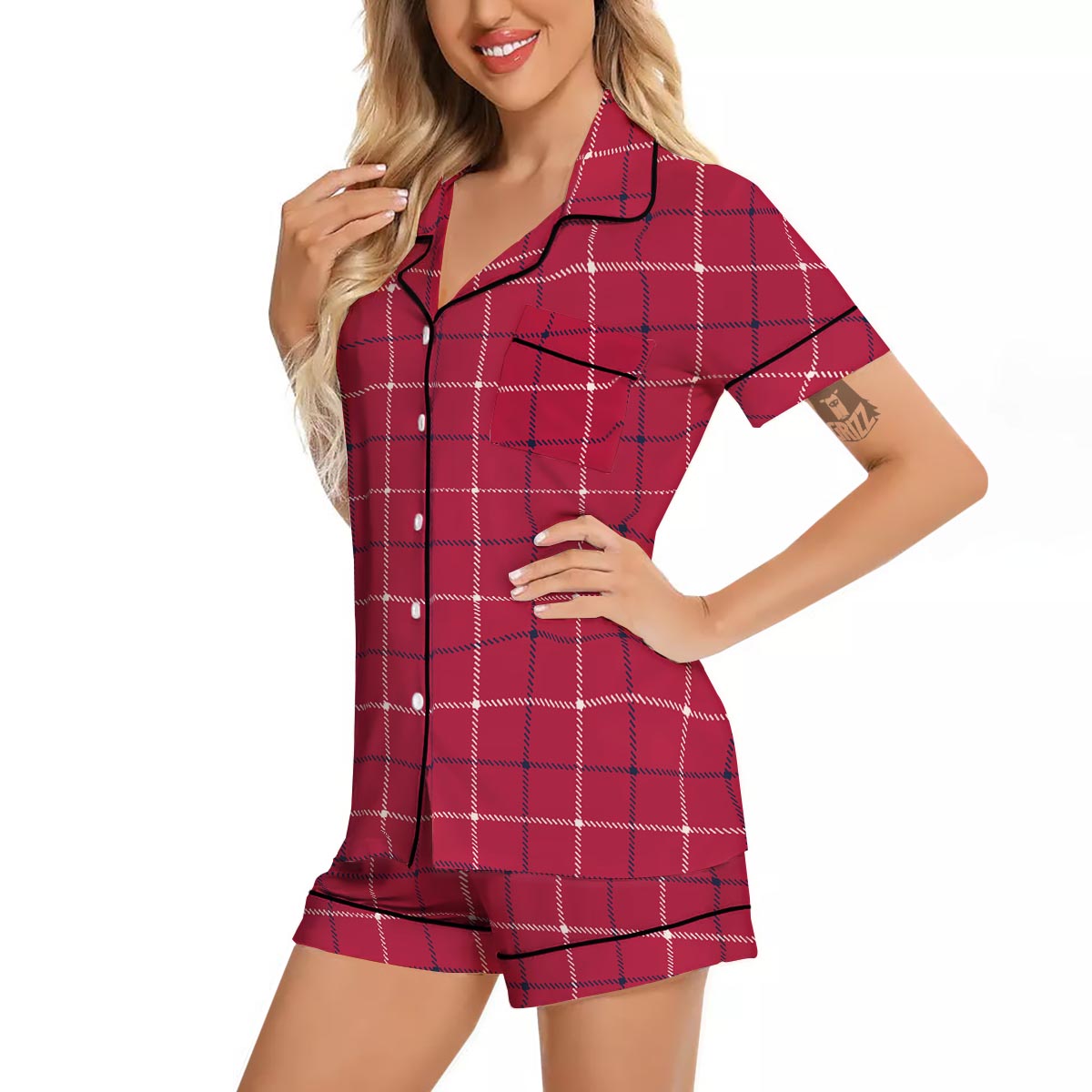 Tattersall Red Print Pattern Women Silk Pajamas-grizzshop
