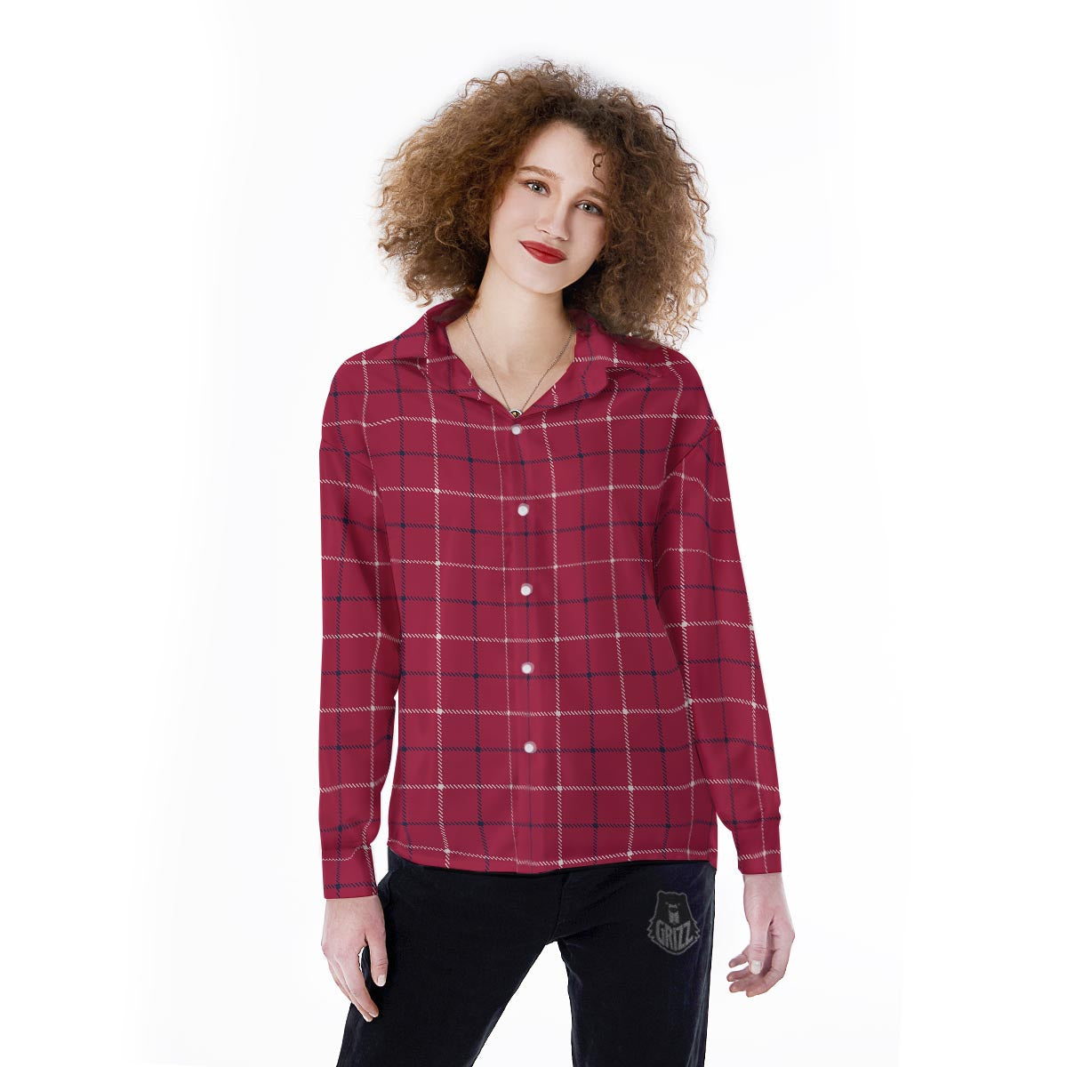 Tattersall Red Print Pattern Women's Long Sleeve Shirts-grizzshop