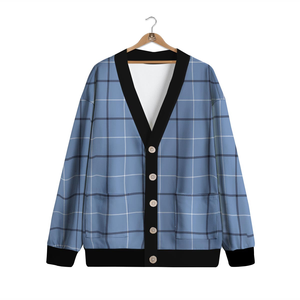 Tattersall Solf Blue Print Pattern Cardigan-grizzshop